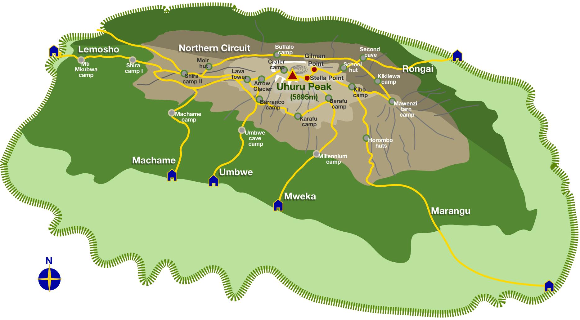 Map of Mount Kilimanjaro showing the Lemosho, Machame, Umbwe, Marangu, Rongai, Mweka and Northern Circuit routes with all camps and huts to Uhuru Peak