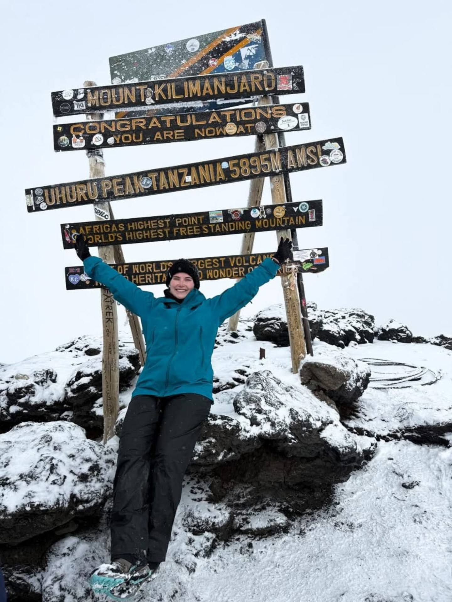 Our climber celebrating at Uhuru Peak, 5,895 m — the roof of Africa
